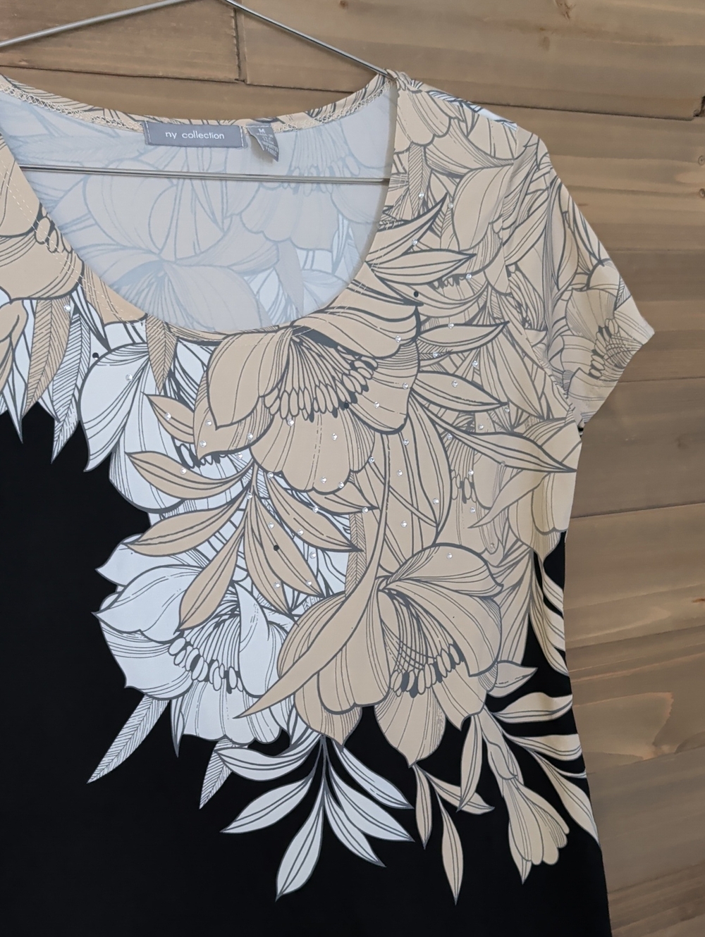 NY Collection Black Short Sleeve Top with Beige & White Floral Print